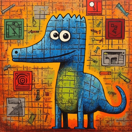 Crocodile and toys on the background of brick wall. Abstract bright illustration, sculptural and geometric, picasso cartoonの素材