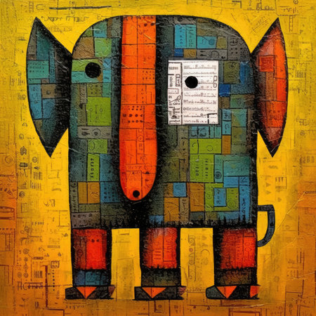Funny monster on grunge textured background. hand drawn illustration. Abstract bright illustration, sculptural and geometric, picasso cartoonの素材