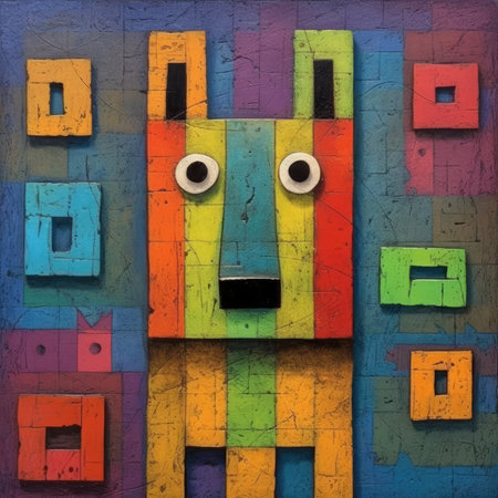 Funny dog made of colorful wooden blocks on grunge background. Abstract bright illustration, sculptural and geometric, picasso cartoonの素材