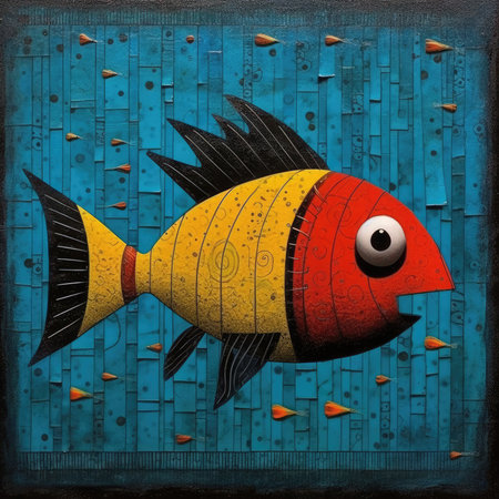 Fish on grunge background. colorful illustration. 3D rendering. Abstract bright illustration, sculptural and geometric, picasso cartoonの素材
