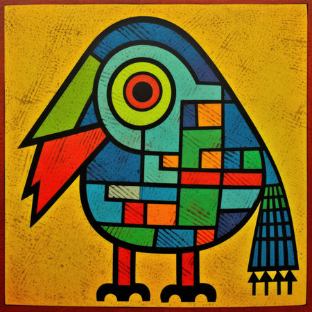 Colorful bird on grunge background. vector illustration for your design. Abstract bright illustration, sculptural and geometric, picasso cartoonの素材