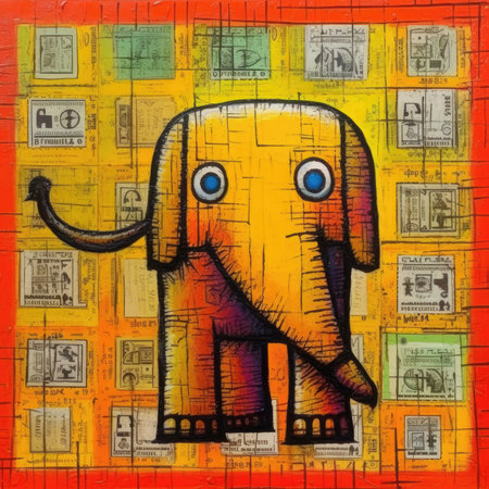 Elephant on the background of the old postcard with stamps. Abstract bright illustration, sculptural and geometric, picasso cartoonの素材