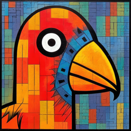 Colorful parrot on a brick wall background. Artistic illustration. Abstract bright illustration, sculptural and geometric, picasso cartoonの素材