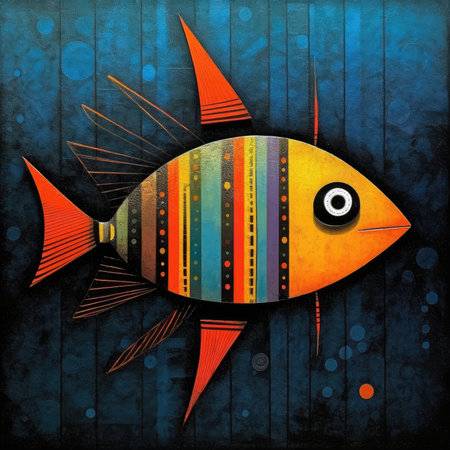 Colorful fish on grunge background with space for your text. Abstract bright illustration, sculptural and geometric, picasso cartoonの素材
