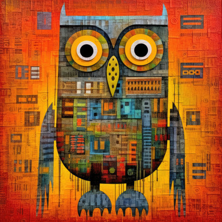 Owl on the background of the city. colorful illustration. Abstract bright illustration, sculptural and geometric, picasso cartoonの素材