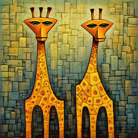 African ethnic retro vintage illustration (giraffe, giraffe). Abstract bright illustration, sculptural and geometric, picasso cartoonの素材