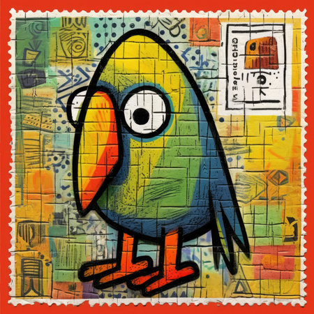 Graffiti parrot on a grunge background. vector illustration. Abstract bright illustration, sculptural and geometric, picasso cartoonの素材