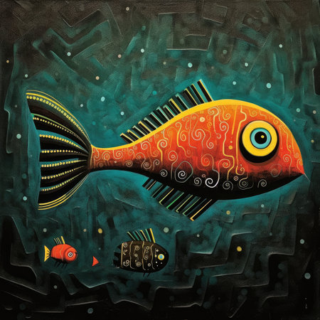 Cartoon fish on a dark background. hand-drawn illustration. Abstract bright illustration, sculptural and geometric, picasso cartoonの素材