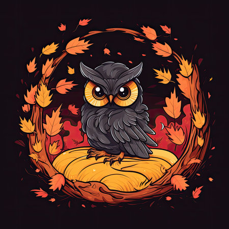 Cute cartoon owl sitting on a stump in the autumn forest. vector illustration. T-shirt print, dark background, vector flat image designe, cute cartoon artの素材