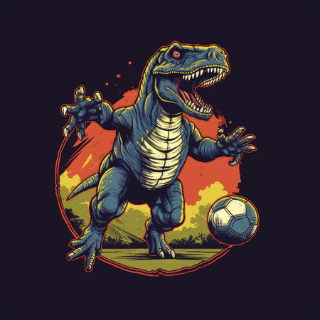 Tyrannosaurus rex with a soccer ball. vector illustration. T-shirt print, dark background, vector flat image designe, cute cartoon artの素材