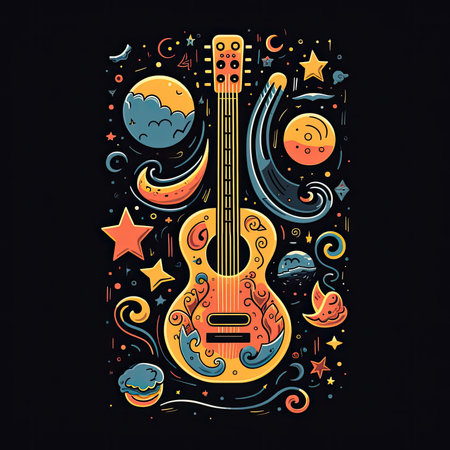 Guitar hand drawn vector illustration on black background. music poster. T-shirt print, dark background, vector flat image designe, cute cartoon artの素材