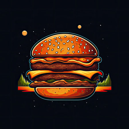 Hamburger, vector illustration, isolated on black background, eps 10. T-shirt print, dark background, vector flat image designe, cute cartoon artの素材