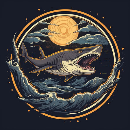 Vector illustration of a Great White Shark in the circle with the sun. T-shirt print, dark background, vector flat image designe, cute cartoon artの素材