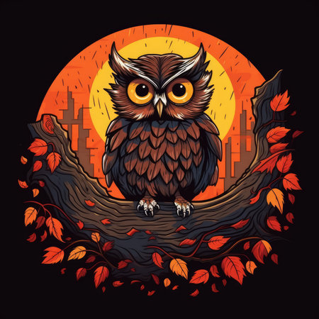 Owl sitting on a branch with autumn leaves. vector illustration. T-shirt print, dark background, vector flat image designe, cute cartoon artの素材