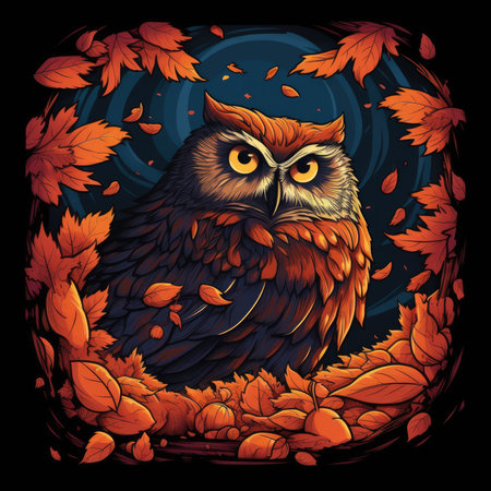 Owl with autumn leaves on a dark background. vector illustration. T-shirt print, dark background, vector flat image designe, cute cartoon artの素材