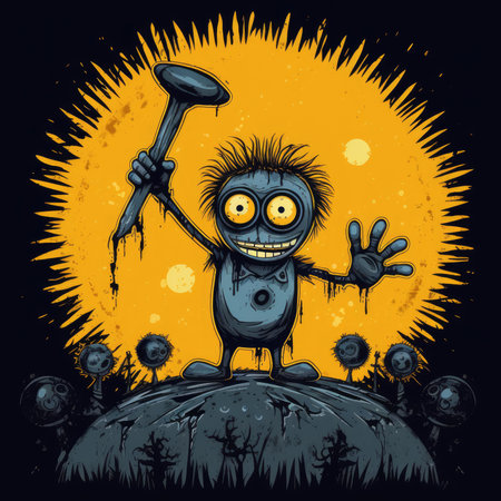 Zombie on a rock with a hammer. Vector illustration of a cartoon character. T-shirt print, dark background, vector flat image designe, cute cartoon artの素材