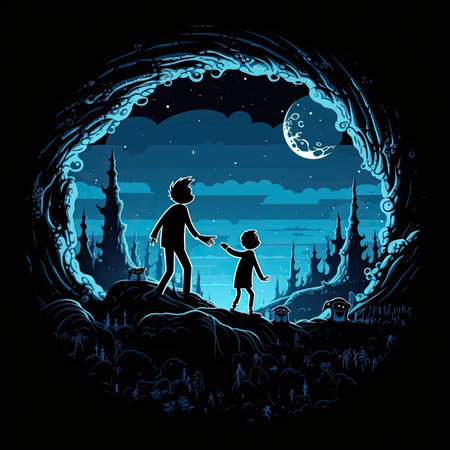 Silhouette of a father and son in the moonlight, vector illustration. T-shirt print, dark background, vector flat image designe, cute cartoon artの素材