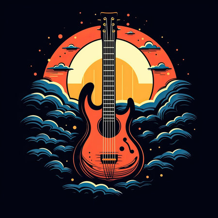 Electric guitar on the background of the sunset. Vector illustration in retro style. T-shirt print, dark background, vector flat image designe, cute cartoon artの素材