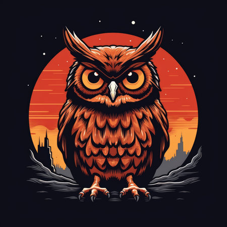 Owl on the background of the full moon. Vector illustration.. T-shirt print, dark background, vector flat image designe, cute cartoon artの素材