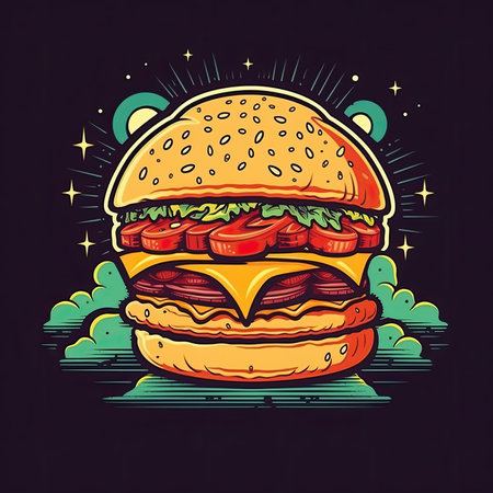Hamburger, hand drawn vector illustration on dark background. T-shirt design. T-shirt print, dark background, vector flat image designe, cute cartoon artの素材