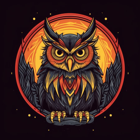 Vector illustration of an owl with the orange sun in the background. T-shirt print, dark background, vector flat image designe, cute cartoon artの素材