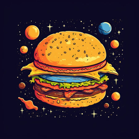 Hamburger on space background. Vector illustration of fast food. T-shirt print, dark background, vector flat image designe, cute cartoon artの素材
