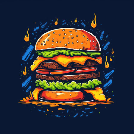 Hamburger. Hand drawn vector illustration on dark background. vintage style. T-shirt print, dark background, vector flat image designe, cute cartoon artの素材