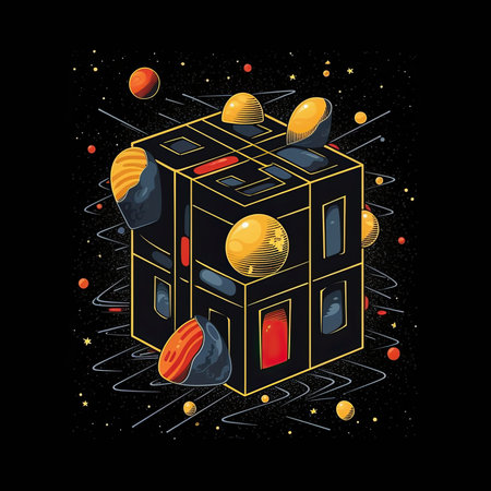 Vector illustration of a cartoon house in space with planets, stars and planets. T-shirt print, dark background, vector flat image designe, cute cartoon artの素材