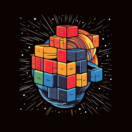 Abstract colorful cube on black background. vector illustration for your design. T-shirt print, dark background, vector flat image designe, cute cartoon artの素材