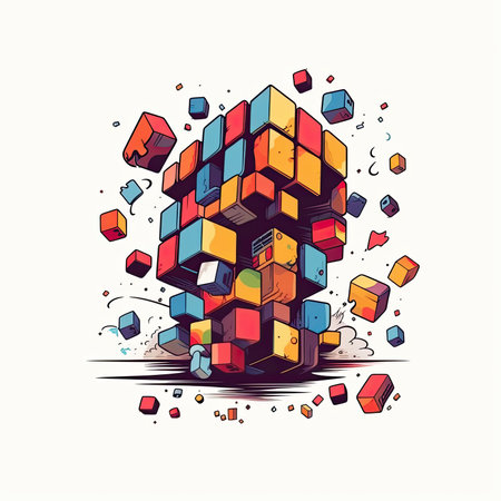 Abstract 3d cube. Colorful vector illustration for your design. T-shirt print, dark background, vector flat image designe, cute cartoon artの素材