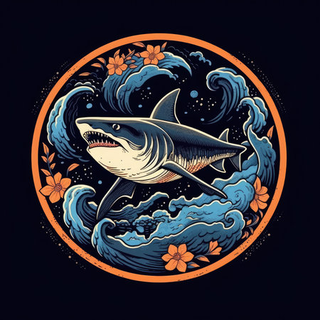 Shark in the sea. Vector illustration for t-shirt design. T-shirt print, dark background, vector flat image designe, cute cartoon artの素材