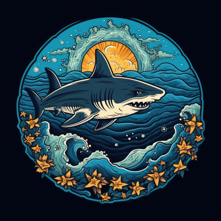 Vector illustration of shark in the ocean with waves and starfish. T-shirt print, dark background, vector flat image designe, cute cartoon artの素材
