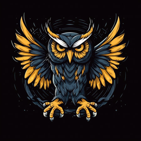 Owl with wings on a black background. Vector illustration for t-shirt design. T-shirt print, dark background, vector flat image designe, cute cartoon artの素材