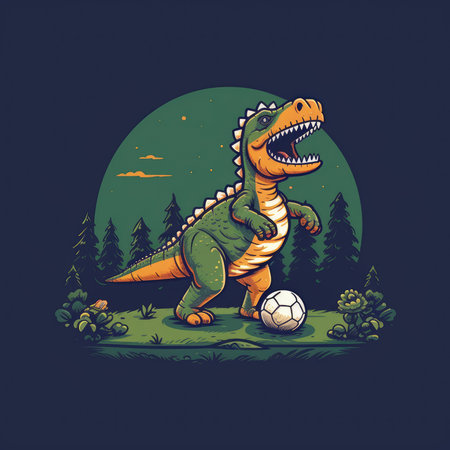 Cute dinosaur with a soccer ball in the forest. vector illustration. T-shirt print, dark background, vector flat image designe, cute cartoon artの素材