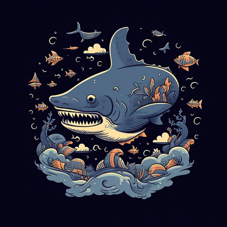 Vector illustration of a shark in the sea with fish and seaweed. T-shirt print, dark background, vector flat image designe, cute cartoon artの素材