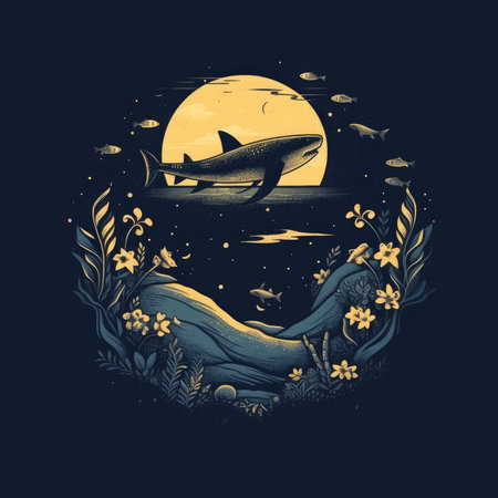 Illustration of a whale and a shark in the sea at sunset. T-shirt print, dark background, vector flat image designe, cute cartoon artの素材