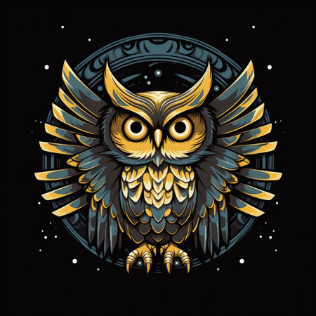 Owl with open wings. Vector illustration isolated on black background. T-shirt print, dark background, vector flat image designe, cute cartoon artの素材