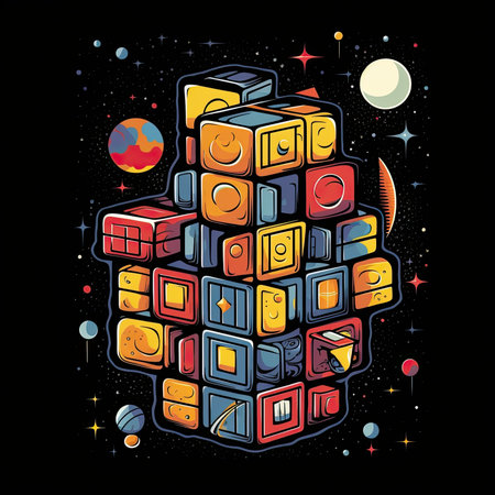 Vector illustration of a cube in space with planets, stars and other elements. T-shirt print, dark background, vector flat image designe, cute cartoon artの素材
