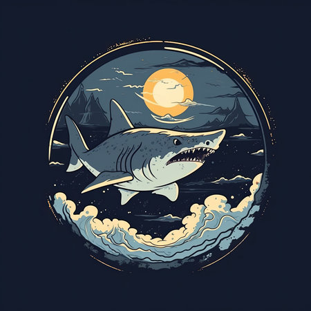 Vector illustration of a shark on the background of the sea and the moon. T-shirt print, dark background, vector flat image designe, cute cartoon artの素材