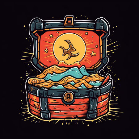 treasure chest. Vector illustration of a treasure chest isolated on black background. T-shirt print, dark background, vector flat image designe, cute cartoon artの素材