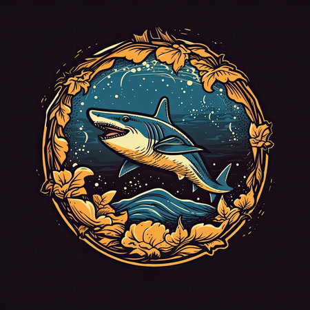 Vector illustration of a shark in a round frame on a dark background. T-shirt print, dark background, vector flat image designe, cute cartoon artの素材