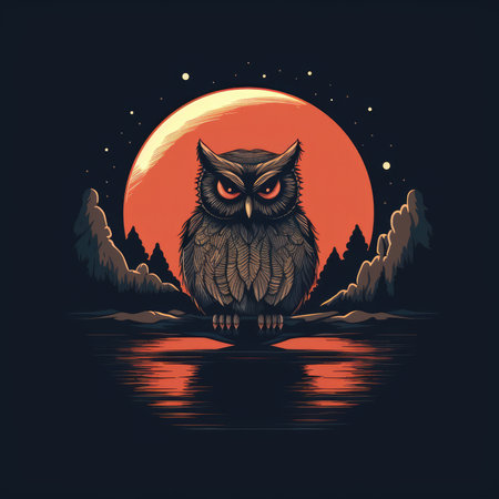 Owl on the lake in front of the full moon. vector illustration. T-shirt print, dark background, vector flat image designe, cute cartoon artの素材