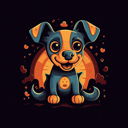 Cute cartoon dog with hearts on a dark background. vector illustration. T-shirt print, dark background, vector flat image designe, cute cartoon artの素材