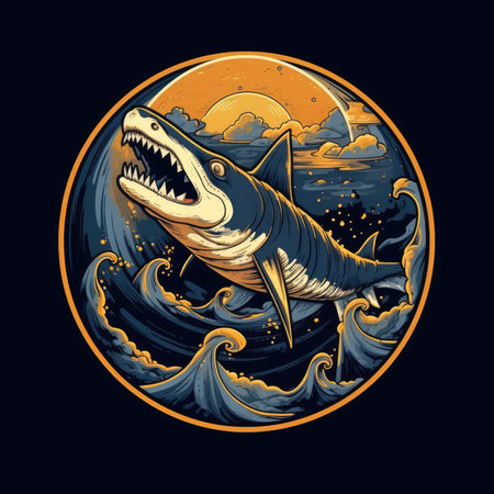 Vector illustration of a shark in the ocean with waves and moon. T-shirt print, dark background, vector flat image designe, cute cartoon artの素材
