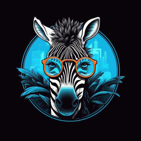 Zebra head with glasses and palm leaves in circle. vector illustration. T-shirt print, dark background, vector flat image designe, cute cartoon artの素材