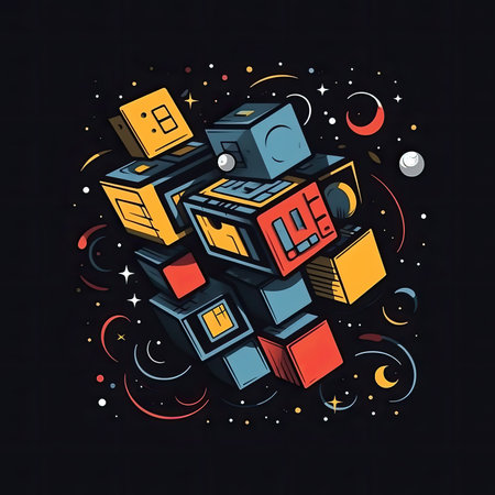 Vector illustration of colorful cubes in space, futuristic background. Eps10. T-shirt print, dark background, vector flat image designe, cute cartoon artの素材