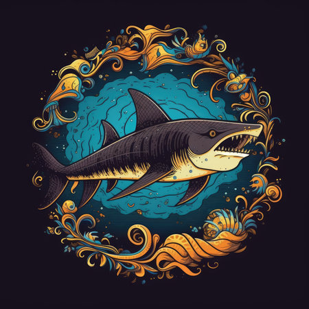 Shark and waves on a dark background. illustration in vector format. T-shirt print, dark background, vector flat image designe, cute cartoon artの素材