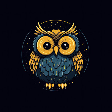 Owl. vector illustration. Isolated on a black background. T-shirt print, dark background, vector flat image designeの素材