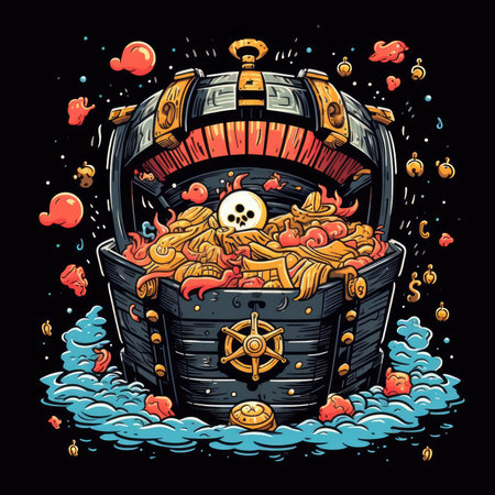 Pirate treasure chest. Hand drawn vector illustration in cartoon style. T-shirt print, dark background, vector flat image designeの素材