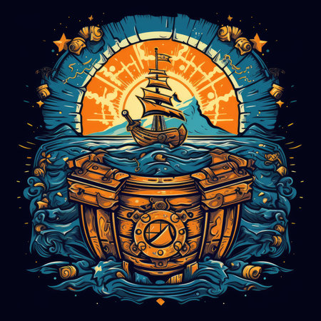 Pirate ship and treasure chest on the background of the sun. vector illustration. T-shirt print, dark background, vector flat image designeの素材